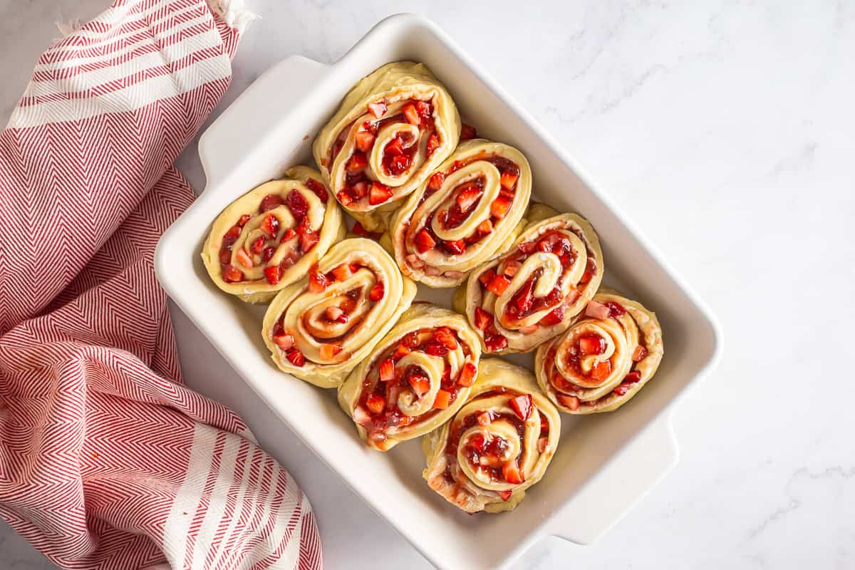Shaped strawberry rolls before rising