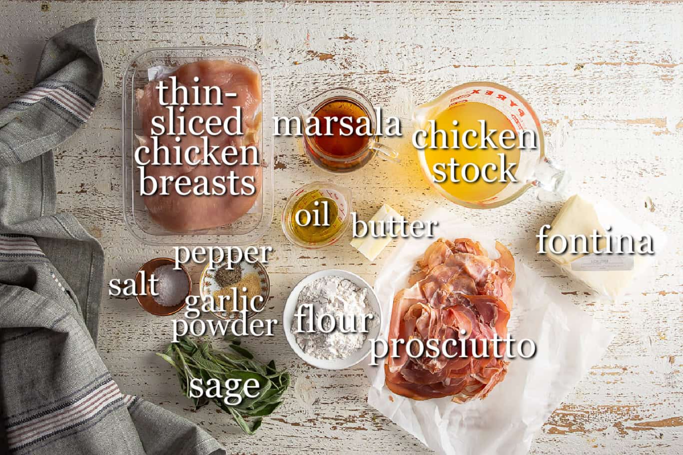 Ingredients for chicken saltimbocca in separate containers.
