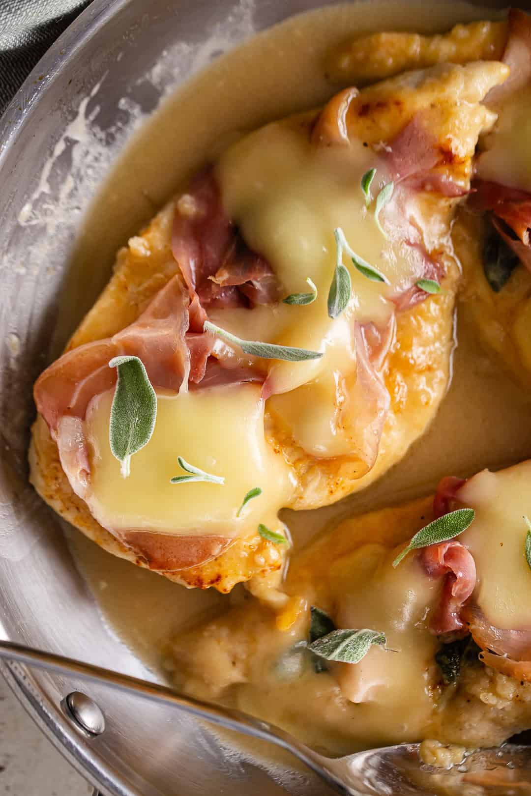 Finished chicken saltimbocca close-up.