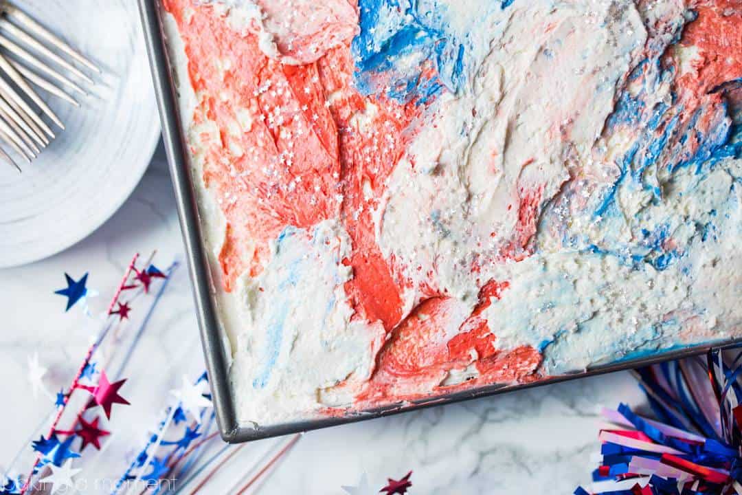 Cherry Vanilla Cake with Red, White, & Blue Swirl Frosting