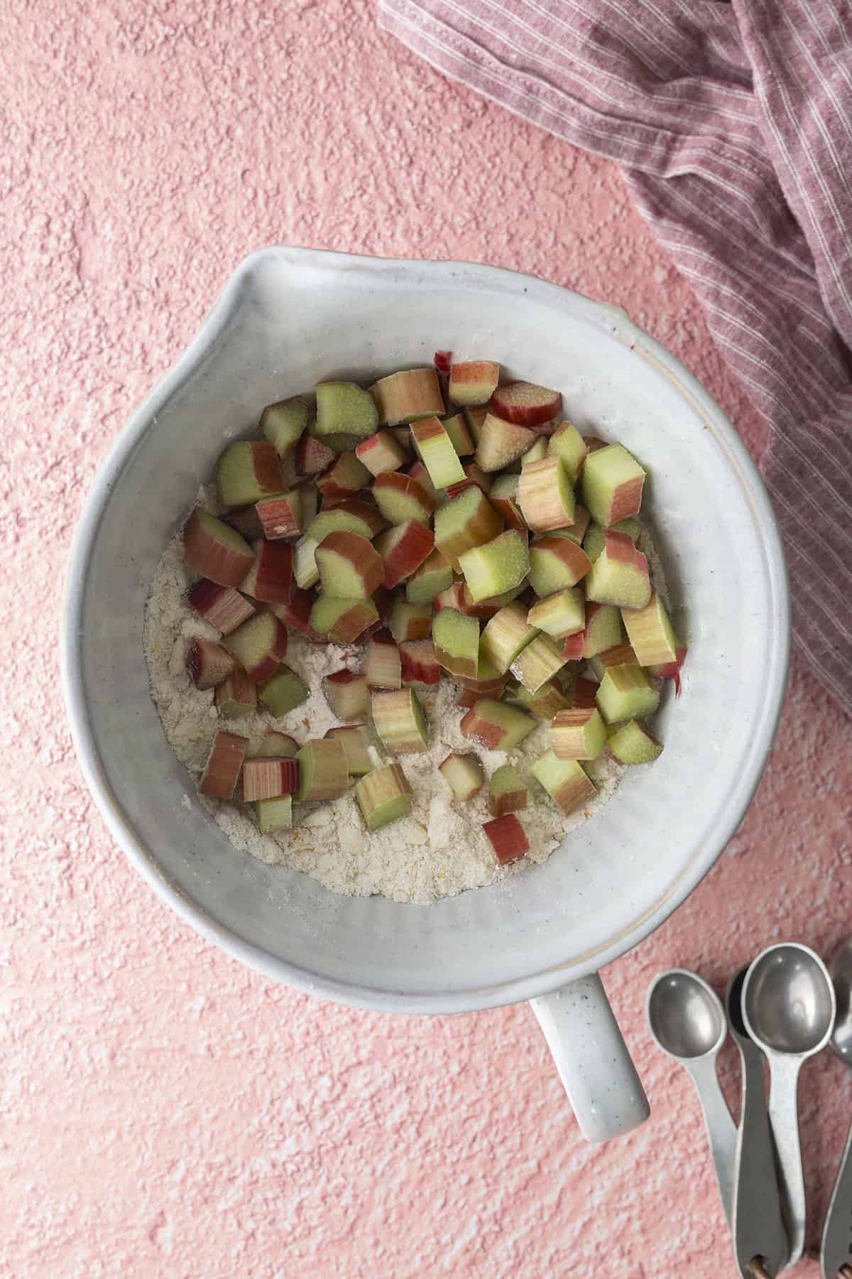 Chopped rhubarb added to dry ingredients