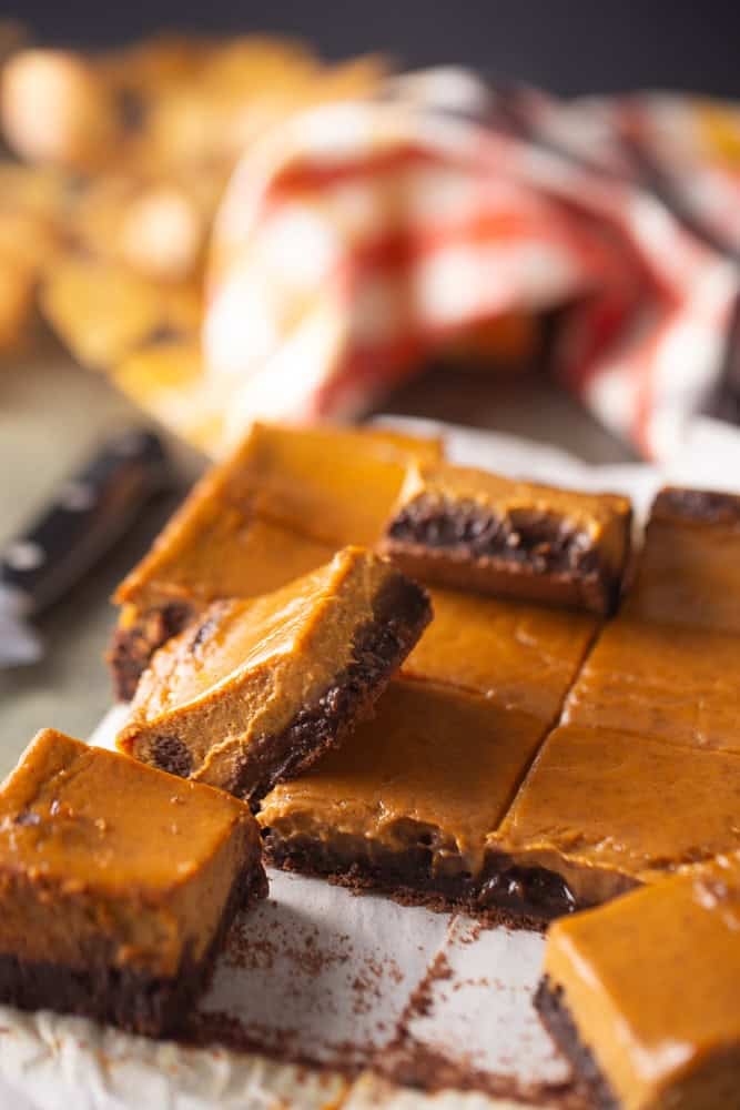 Pumpkin pie brownies cut into squares