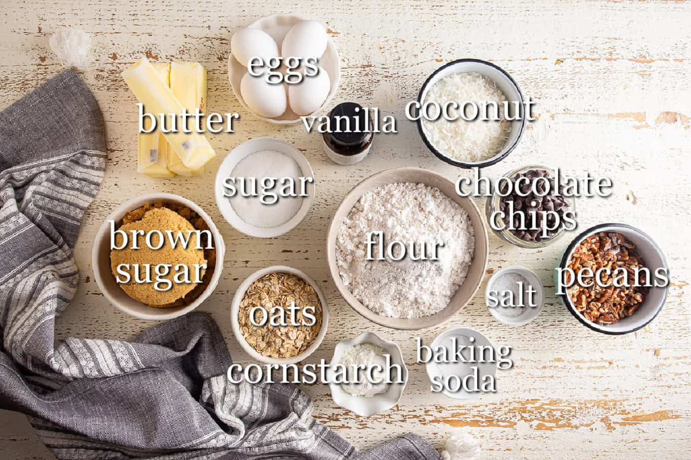 Ingredients for cowboy cookies in separate containers