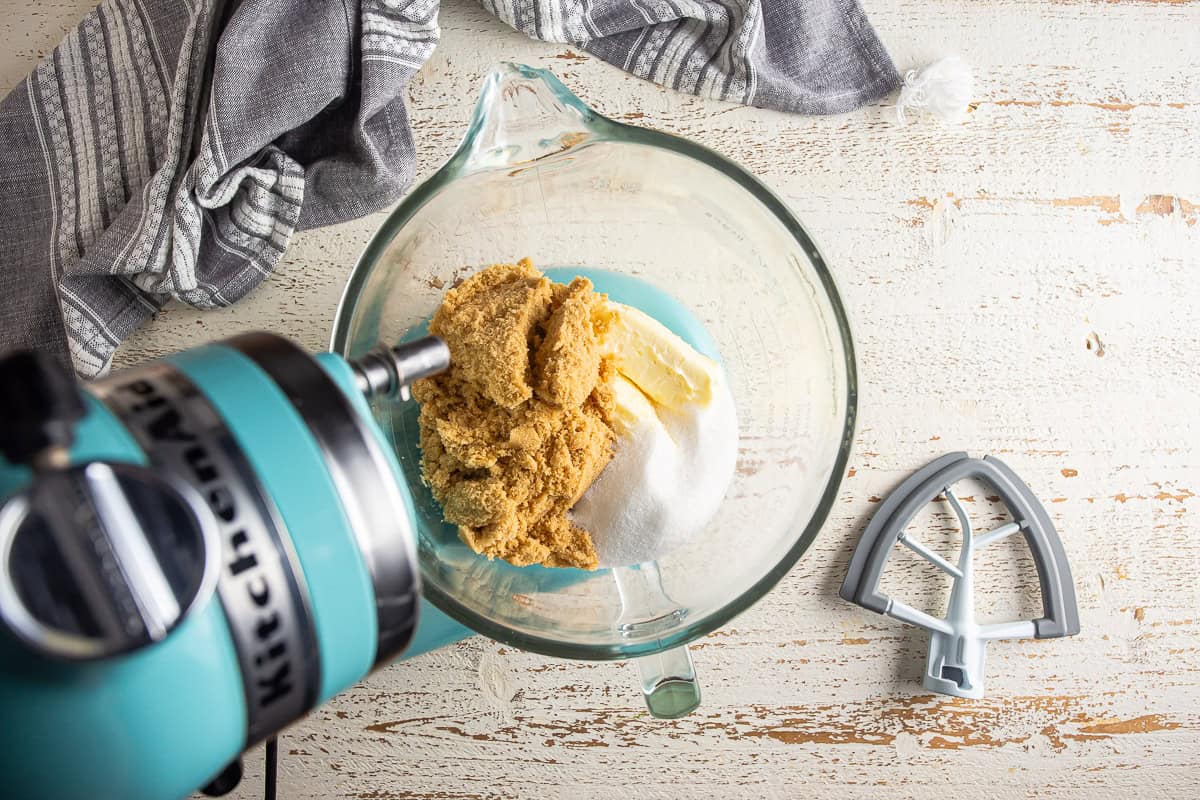 Creaming the butter and sugars for cowboy cookies