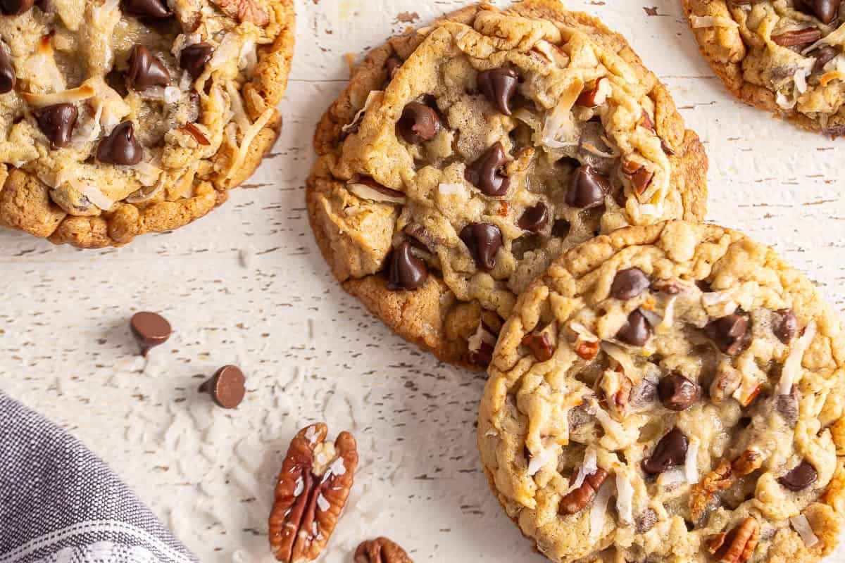 Cowboy cookies with chocolate chips on top