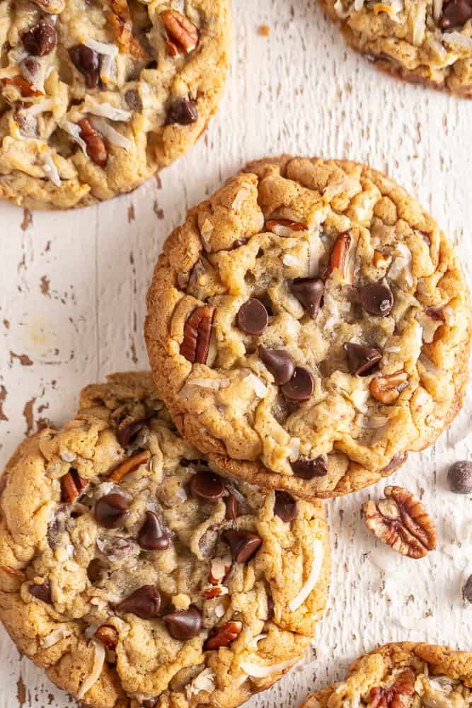 Cowboy cookies on a wooden background