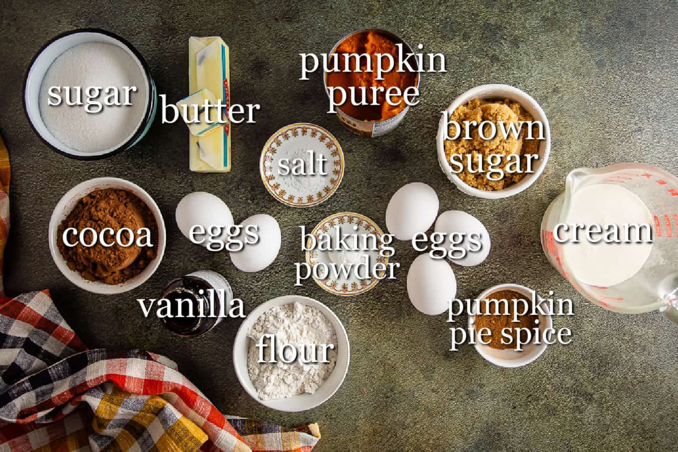 Ingredients for pumpkin pie brownies in separate containers