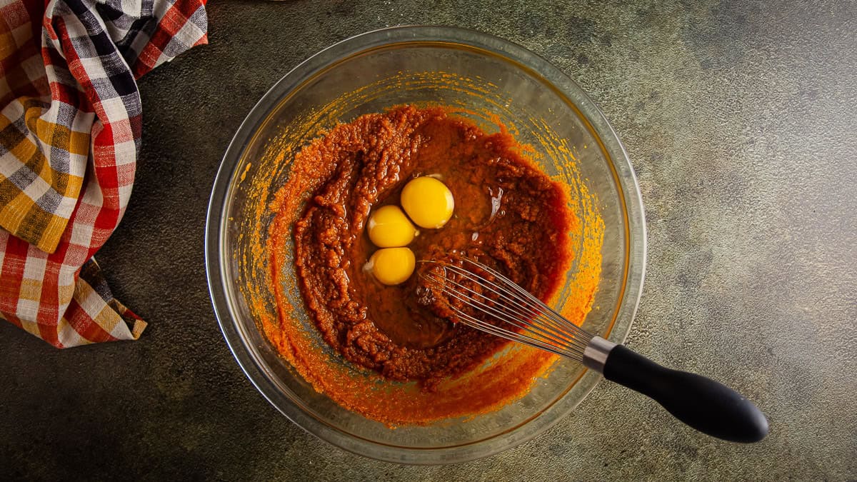 Eggs added to the pumpkin pie layer for pumpkin pie brownies