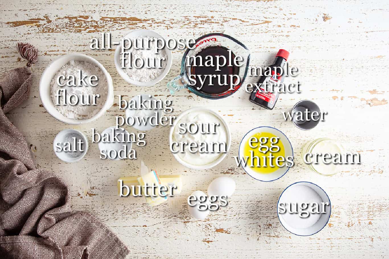 Maple cake ingredients in separate containers