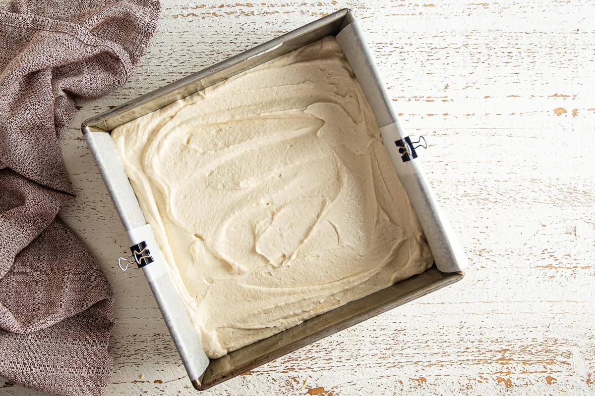 Maple cake batter in the prepared pan before being baked