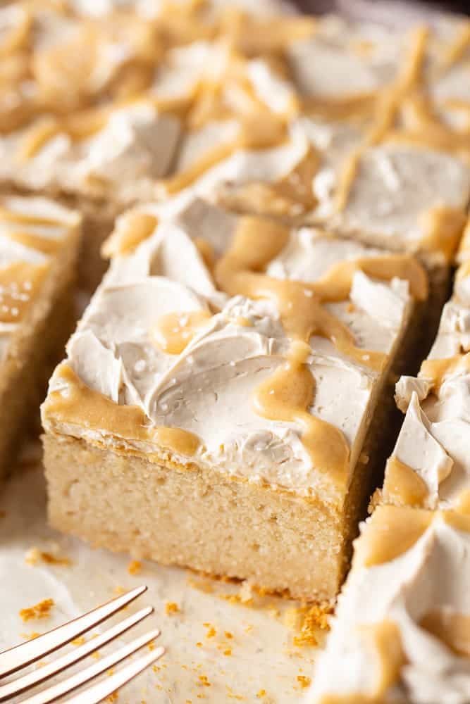 Maple cake cut into square slices