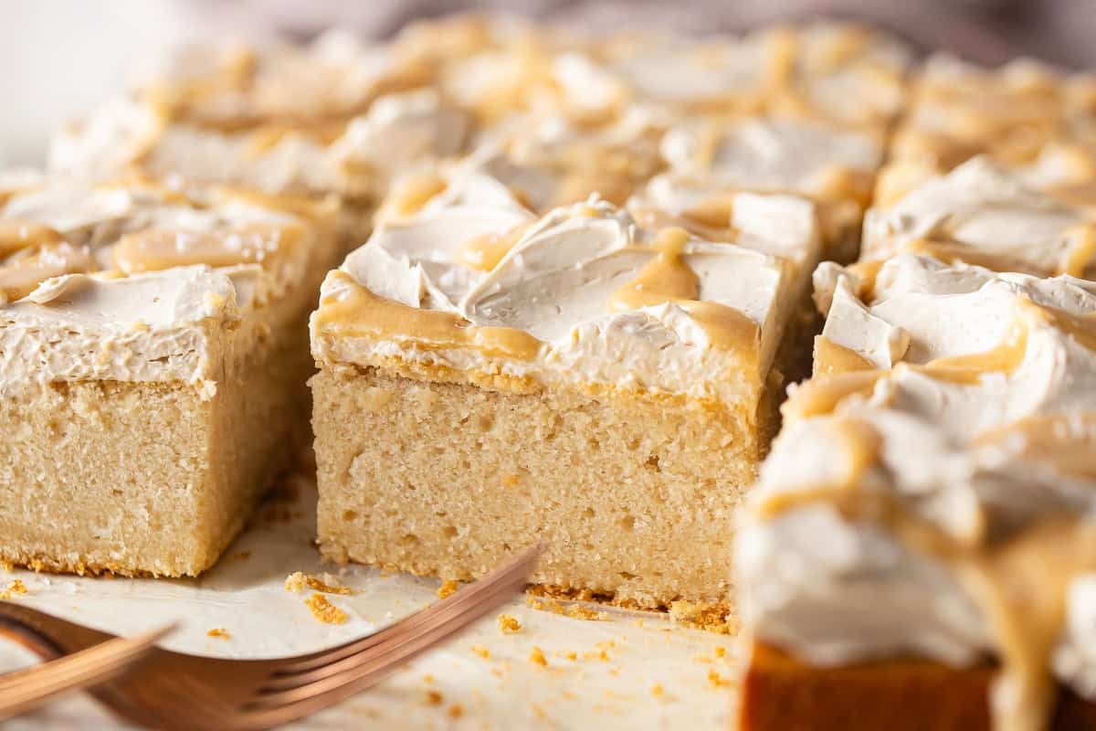 Close up photo of maple cake after being sliced
