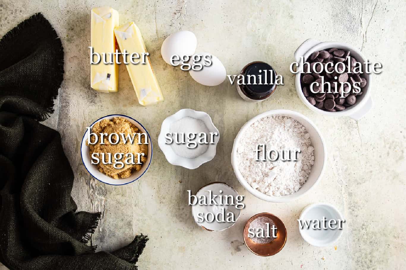 Ingredients for brown butter toffee chocolate chip cookies