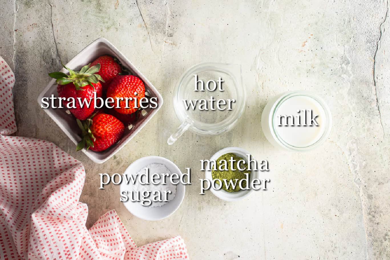 INgredients for an iced matcha latte with strawberry puree.