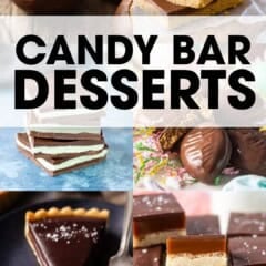 Candy bar desserts collage featuring chocolate bars and sweets.