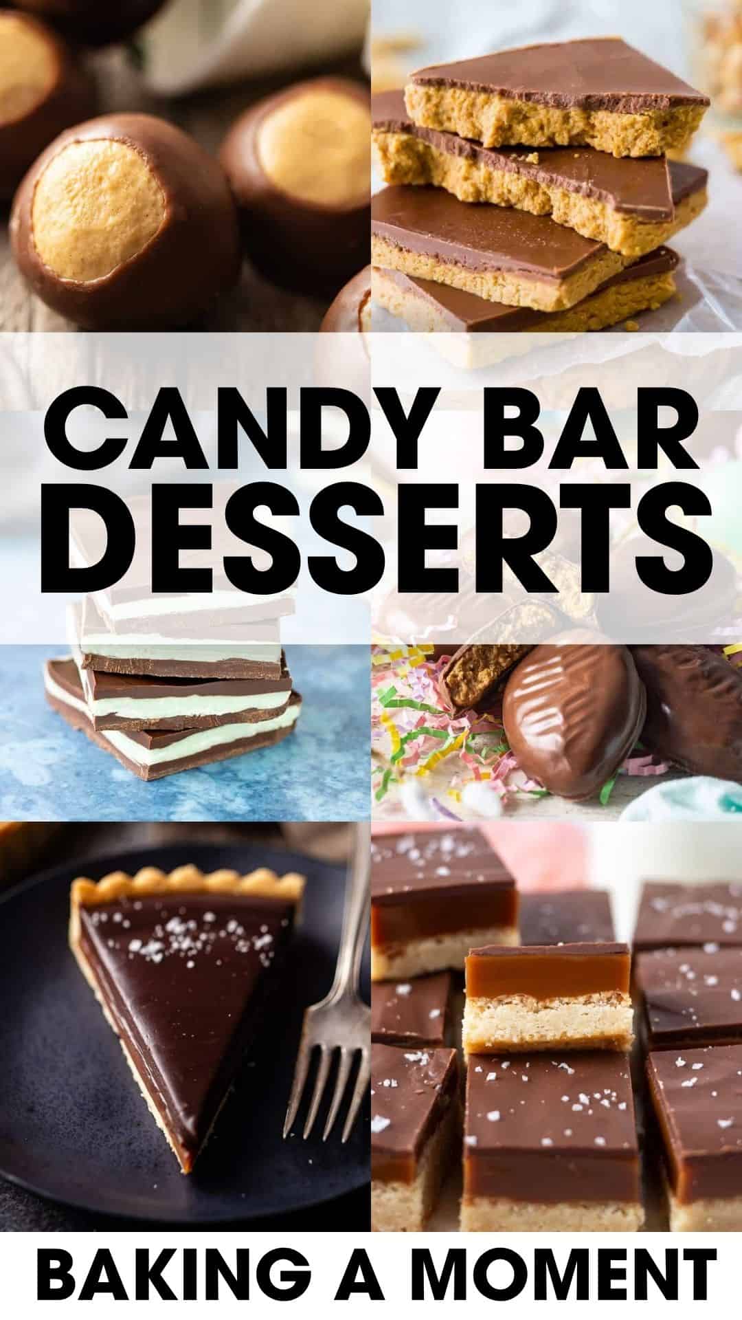 Candy bar desserts collage with chocolate treats and layered bars.