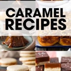 Assorted caramel desserts including brownies, pie, and cookies from Baking A Moment.