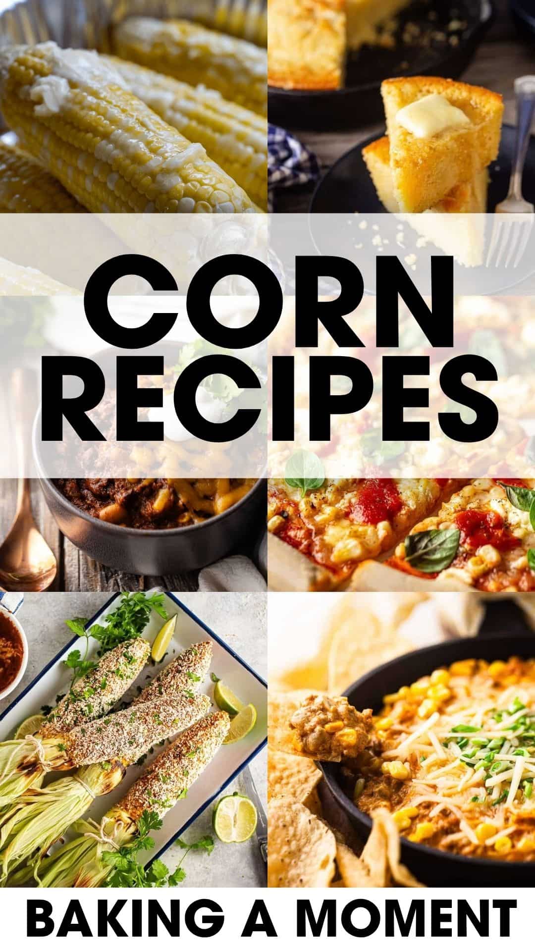 Assorted delicious corn recipes including corn on the cob and corn-based dishes.